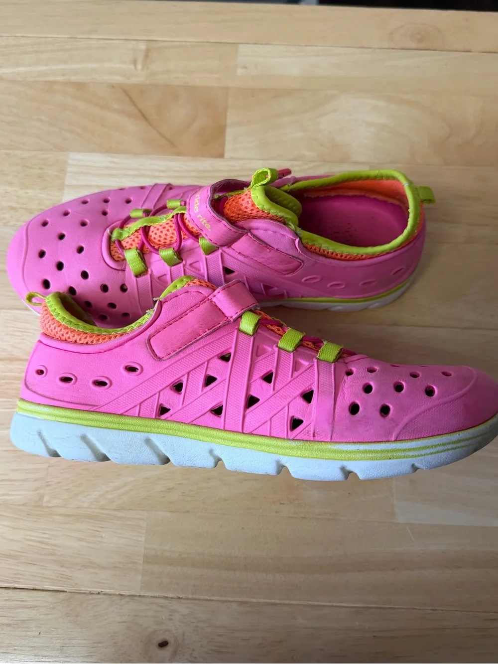 Stride Rite Made2Play Phibian pink water shoes with bright green and orange 3